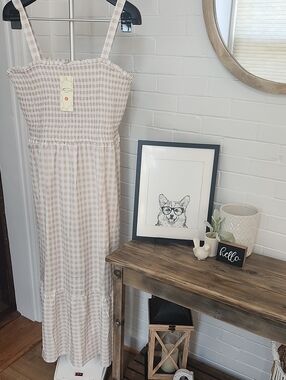 Light Beige Gingham Smocked Maxi Dress, Xxl